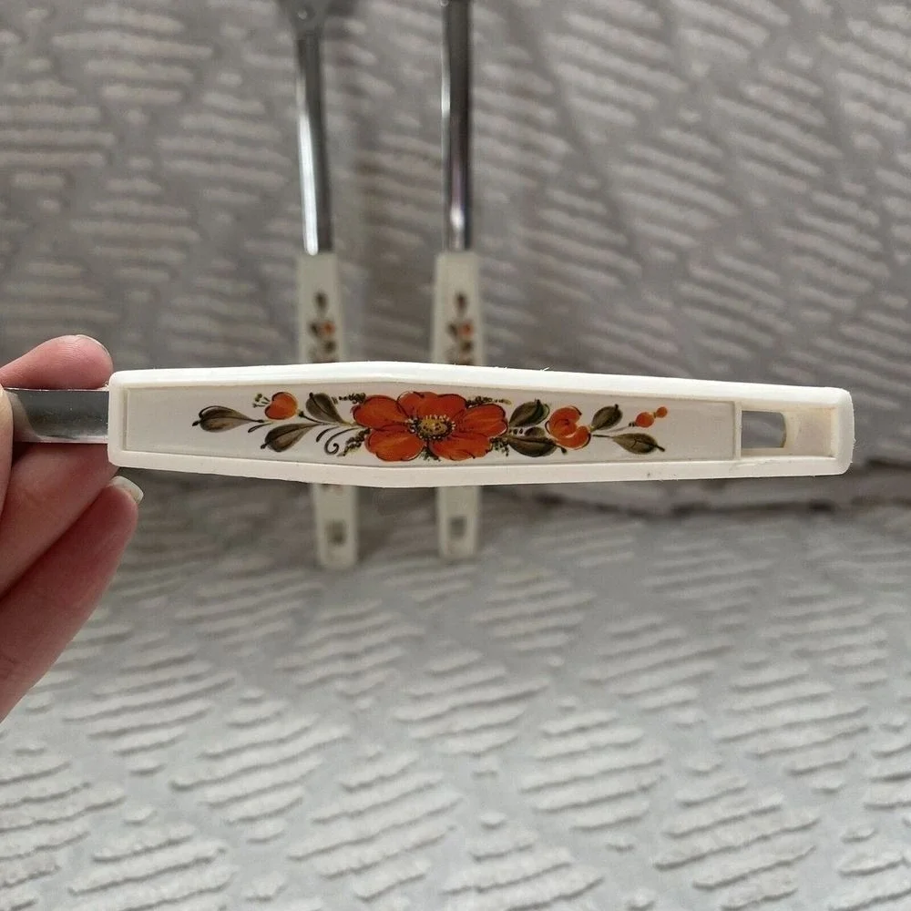 Vintage Ecko‎ Slotted Spoon Meat Fork Serving Orange Flower Handle utensil MCM